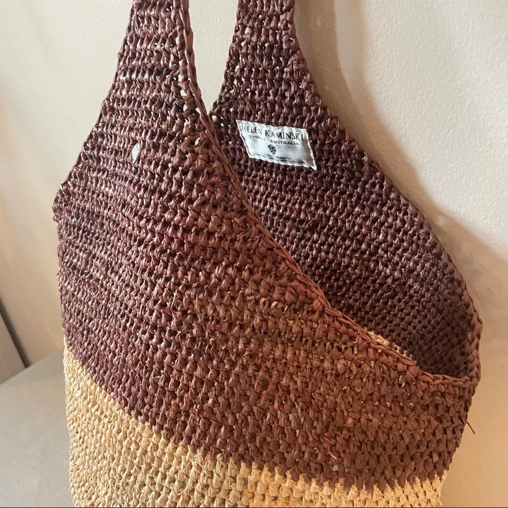 Helen Kaminski raffia bucket bag satchel summer tote two toned large - Picture 3 of 12